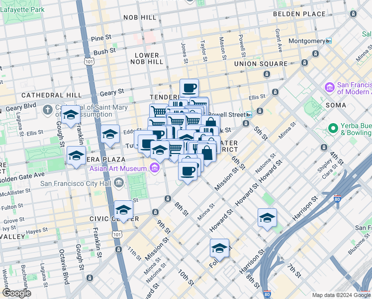 map of restaurants, bars, coffee shops, grocery stores, and more near 168 Golden Gate Avenue in San Francisco