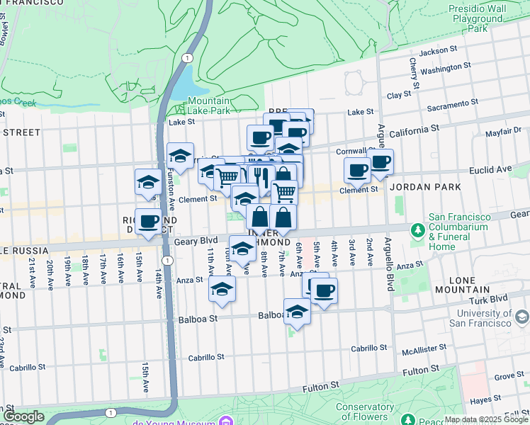 map of restaurants, bars, coffee shops, grocery stores, and more near 342 8th Avenue in San Francisco