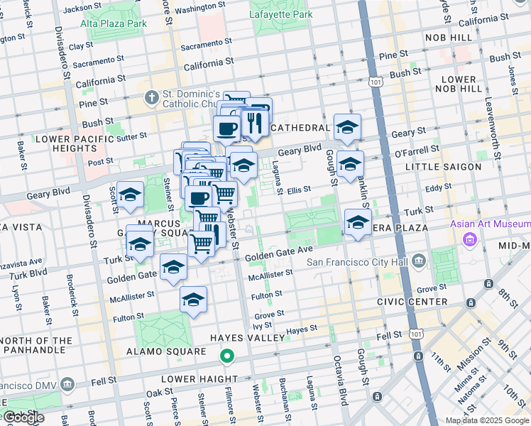 map of restaurants, bars, coffee shops, grocery stores, and more near 1278 Eddy Street in San Francisco