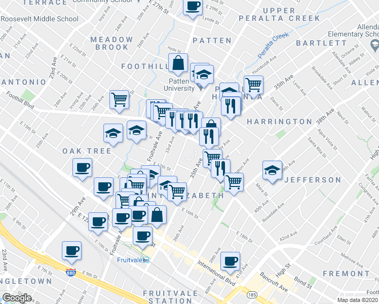 map of restaurants, bars, coffee shops, grocery stores, and more near 3431 Foothill Boulevard in Oakland