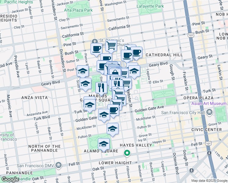 map of restaurants, bars, coffee shops, grocery stores, and more near 1365 Fillmore Street in San Francisco