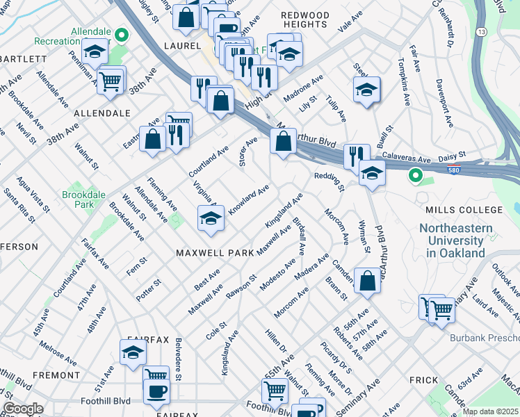 map of restaurants, bars, coffee shops, grocery stores, and more near 3127 Monticello Avenue in Oakland