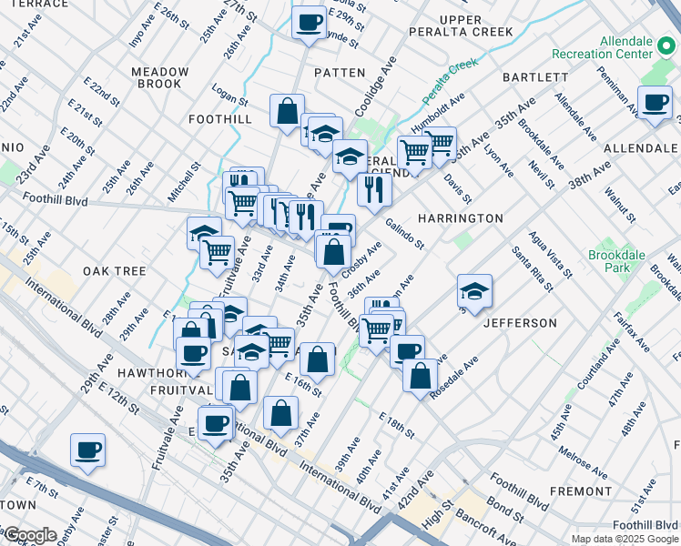 map of restaurants, bars, coffee shops, grocery stores, and more near 3518 Crosby Avenue in Oakland