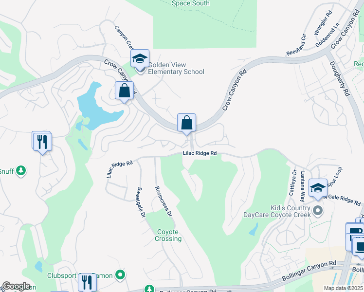 map of restaurants, bars, coffee shops, grocery stores, and more near 358 Shoreline Circle in San Ramon