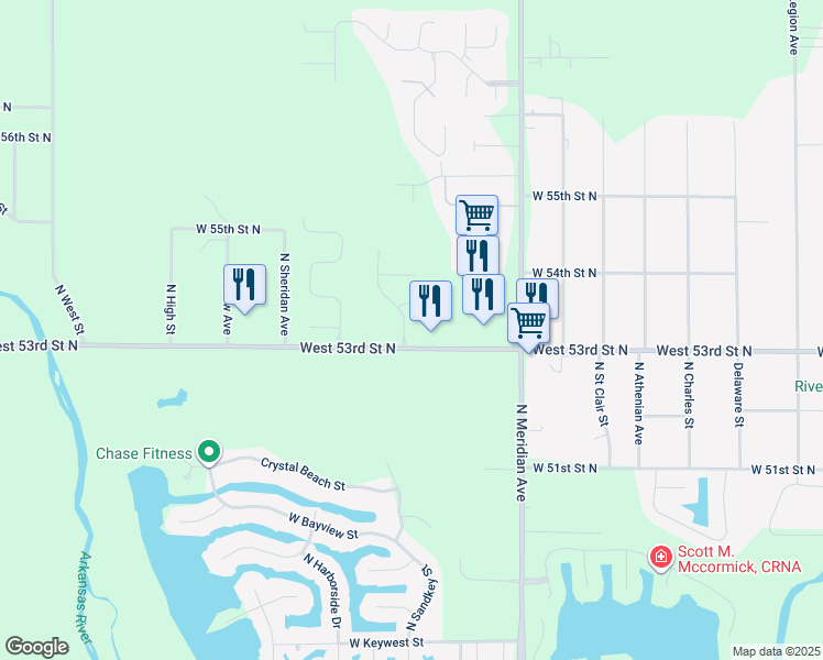map of restaurants, bars, coffee shops, grocery stores, and more near 2894-3198 West 53rd Street North in Wichita
