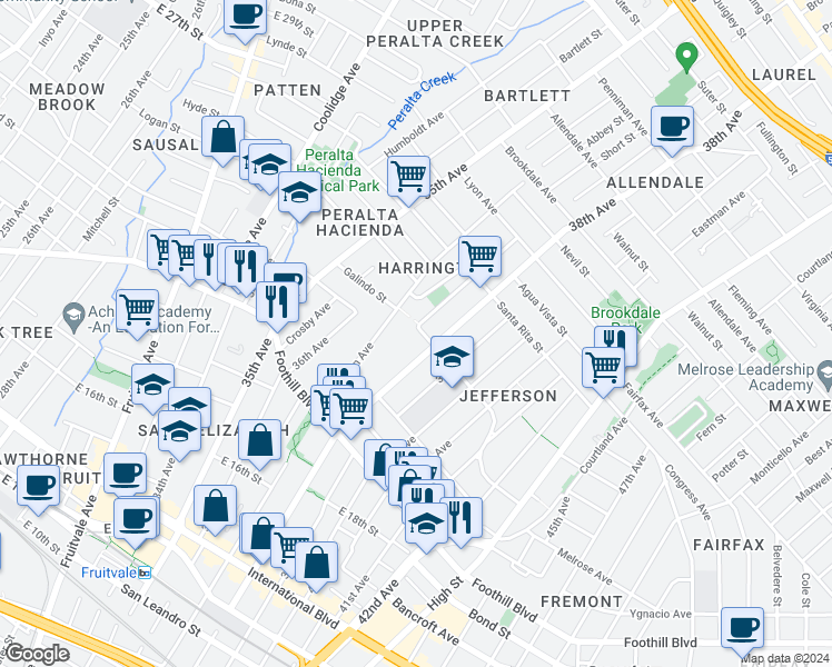 map of restaurants, bars, coffee shops, grocery stores, and more near 3701 Carrington Street in Oakland