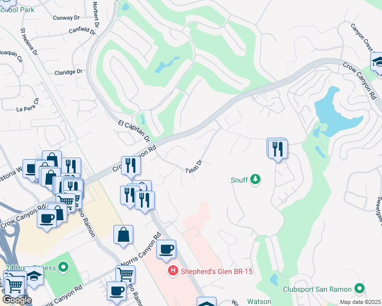 map of restaurants, bars, coffee shops, grocery stores, and more near 3425 Lanai Drive in San Ramon