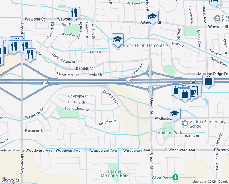 map of restaurants, bars, coffee shops, grocery stores, and more near West Atherton Drive in Manteca