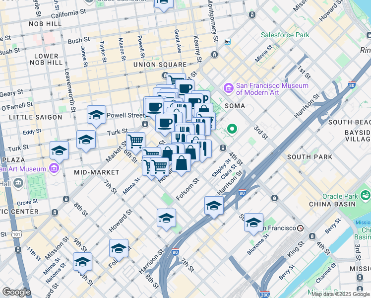 map of restaurants, bars, coffee shops, grocery stores, and more near 888 Howard Street in San Francisco