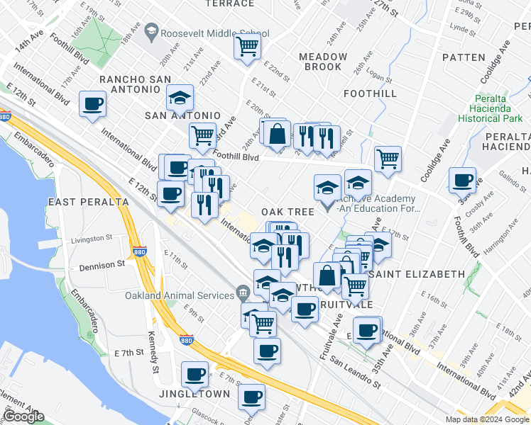 map of restaurants, bars, coffee shops, grocery stores, and more near 1523 27th Avenue in Oakland