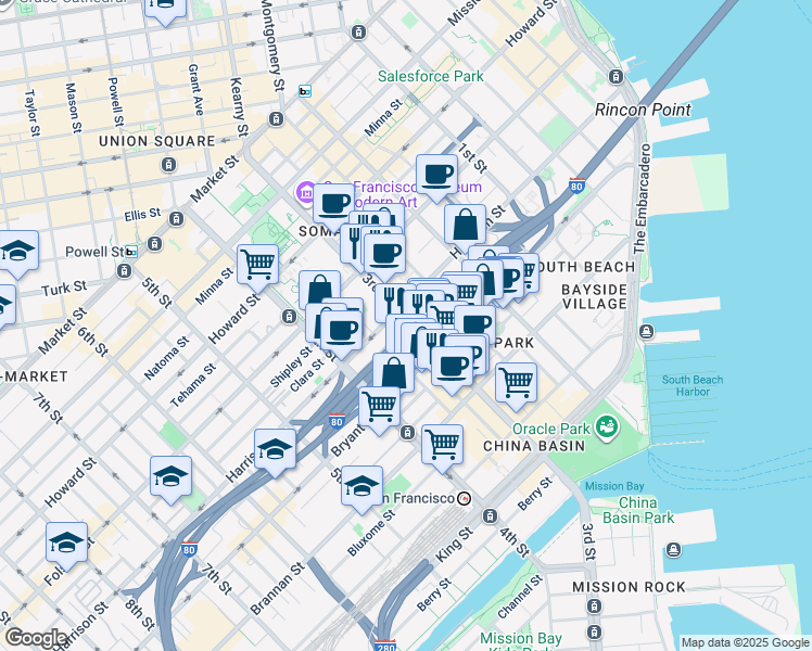 map of restaurants, bars, coffee shops, grocery stores, and more near 126 Perry Street in San Francisco