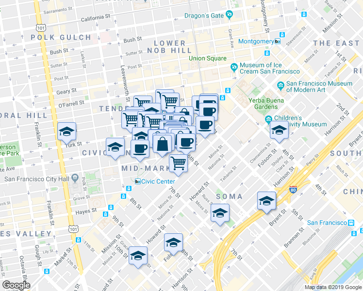 map of restaurants, bars, coffee shops, grocery stores, and more near 1003 Market Street in San Francisco
