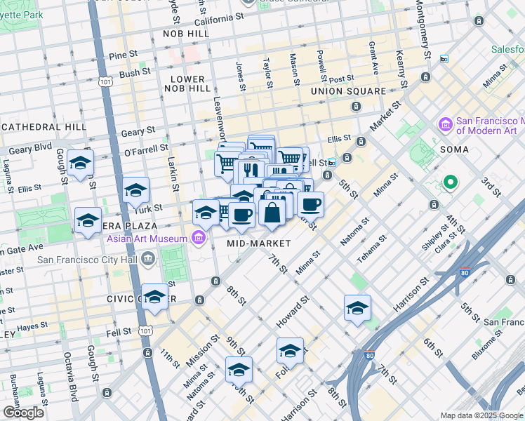 map of restaurants, bars, coffee shops, grocery stores, and more near Golden Gate Avenue & Jones Street in San Francisco
