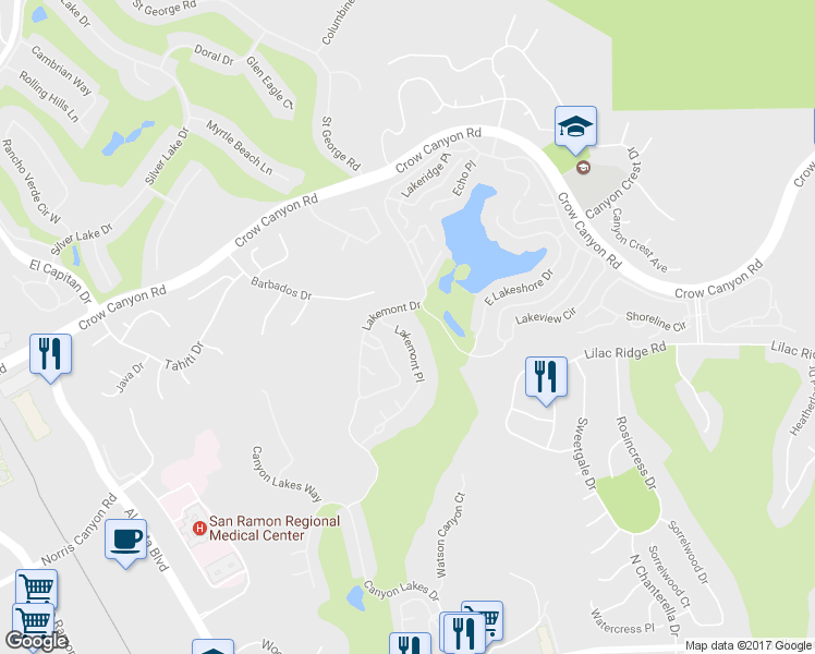 map of restaurants, bars, coffee shops, grocery stores, and more near 712 Lakemont Place in San Ramon
