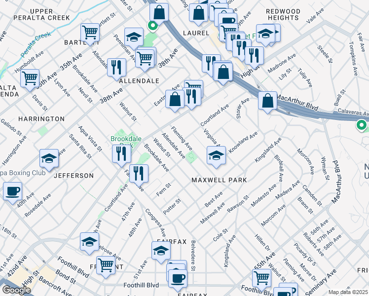 map of restaurants, bars, coffee shops, grocery stores, and more near 4421 Fleming Avenue in Oakland