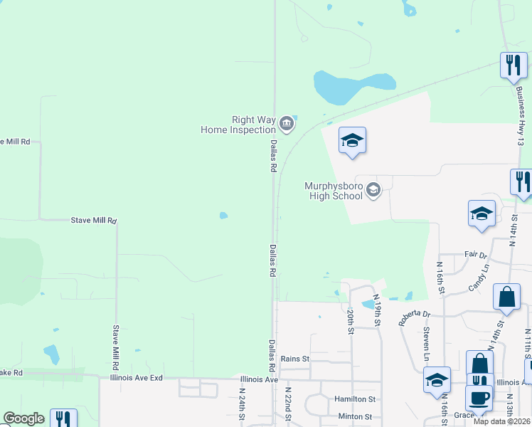 map of restaurants, bars, coffee shops, grocery stores, and more near 540 Dallas Road in Murphysboro