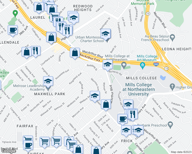 map of restaurants, bars, coffee shops, grocery stores, and more near 3426 Pierson Street in Oakland