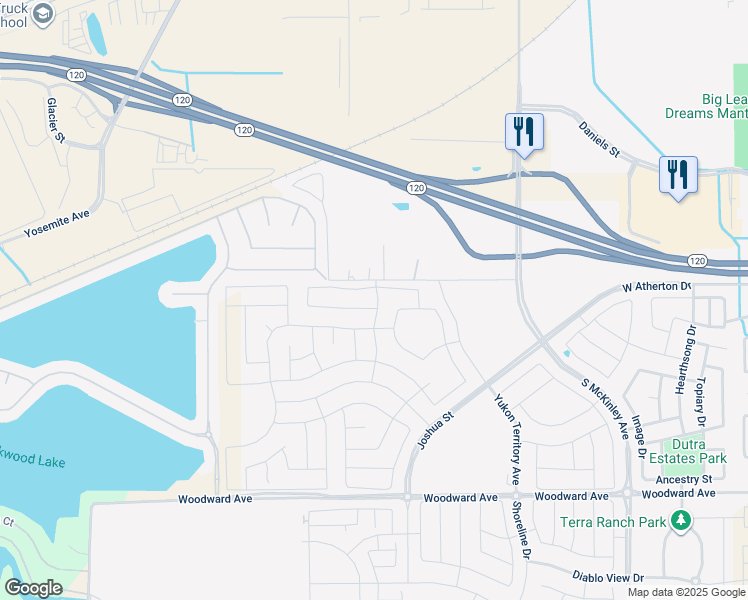 map of restaurants, bars, coffee shops, grocery stores, and more near 1300-2998 Bronzan Road in Manteca