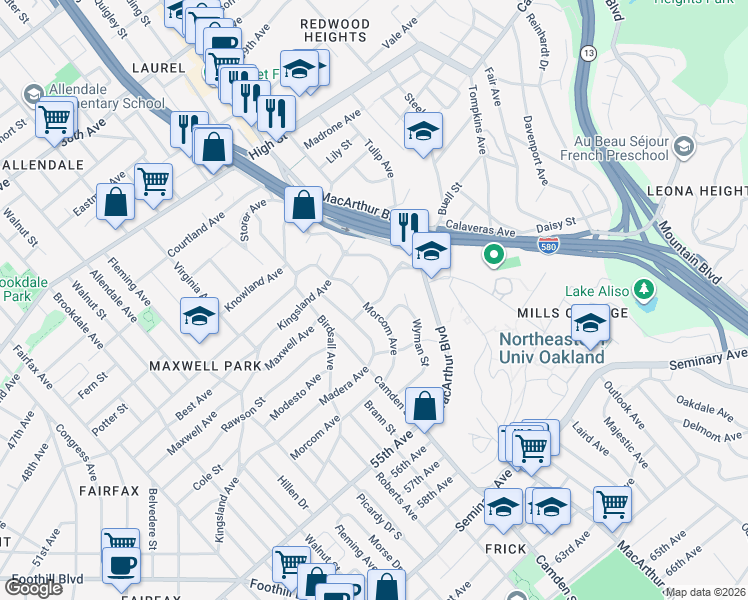map of restaurants, bars, coffee shops, grocery stores, and more near 3322 Morcom Avenue in Oakland