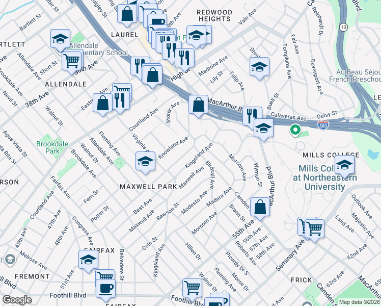 map of restaurants, bars, coffee shops, grocery stores, and more near 3127 Monticello Avenue in Oakland