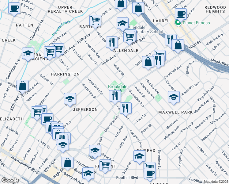 map of restaurants, bars, coffee shops, grocery stores, and more near 4085 Lyon Avenue in Oakland