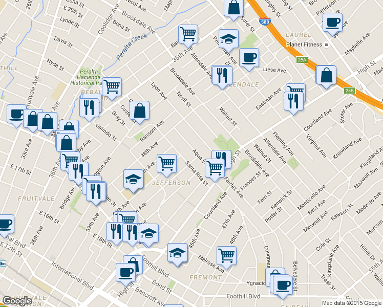 map of restaurants, bars, coffee shops, grocery stores, and more near 4033 Agua Vista Street in Oakland