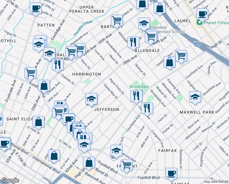 map of restaurants, bars, coffee shops, grocery stores, and more near 3935 Santa Rita Street in Oakland