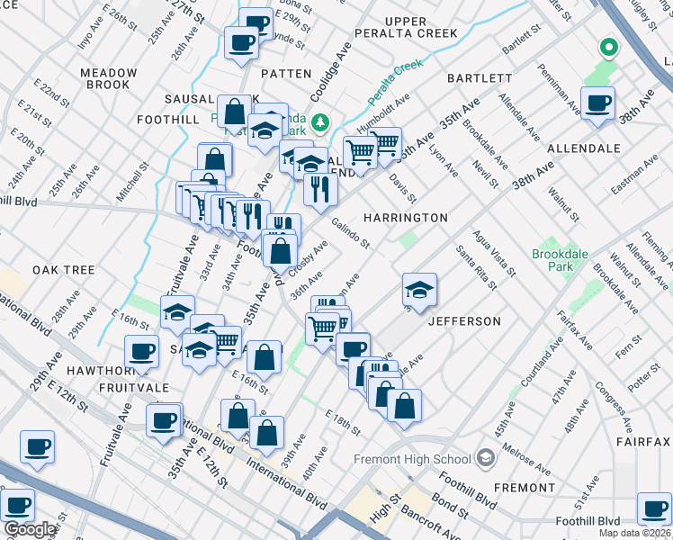 map of restaurants, bars, coffee shops, grocery stores, and more near 2033 Harrington Avenue in Oakland