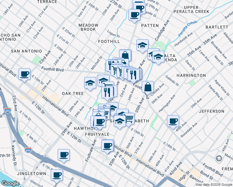 map of restaurants, bars, coffee shops, grocery stores, and more near 1808 Fruitvale Avenue in Oakland