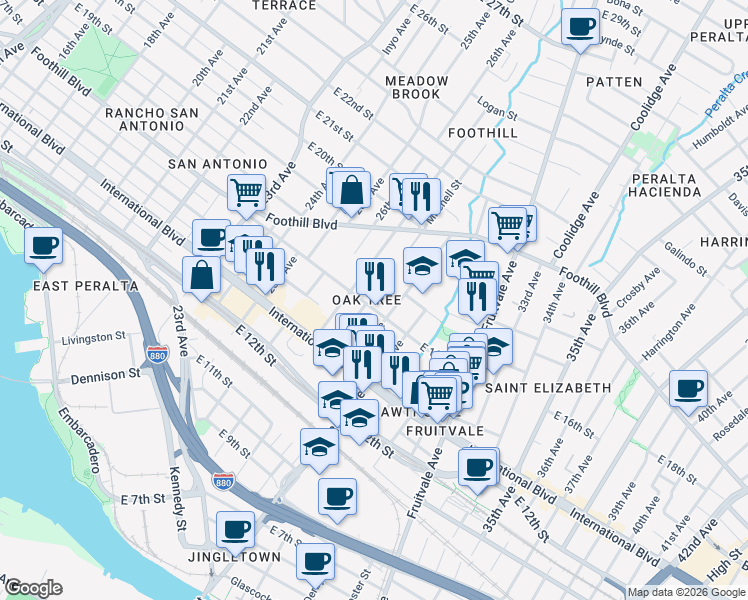 map of restaurants, bars, coffee shops, grocery stores, and more near in Oakland