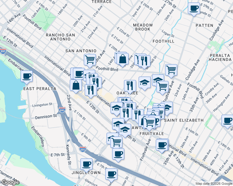 map of restaurants, bars, coffee shops, grocery stores, and more near 1523 27th Avenue in Oakland