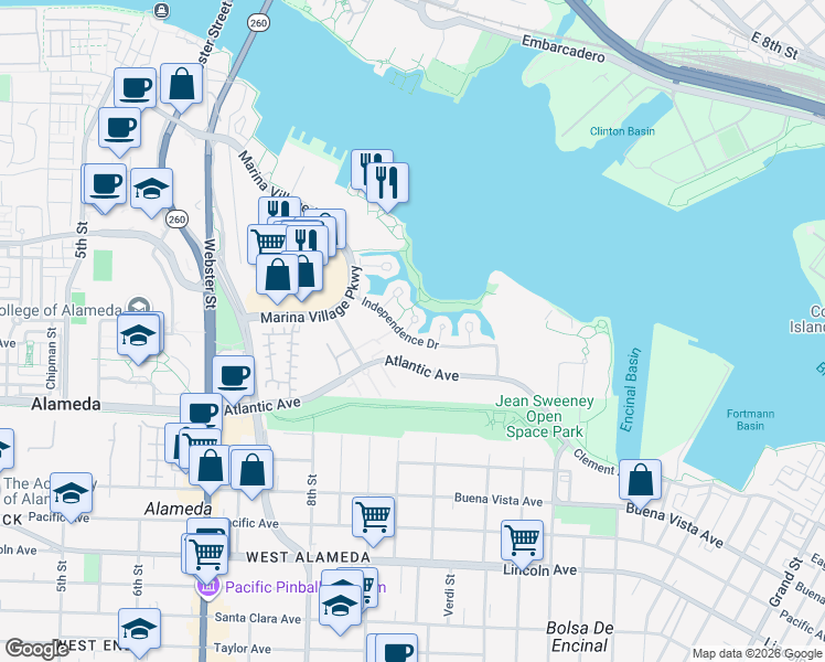 map of restaurants, bars, coffee shops, grocery stores, and more near 3 Eclipse Court in Alameda