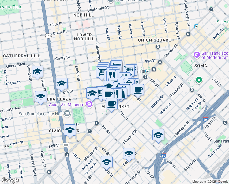 map of restaurants, bars, coffee shops, grocery stores, and more near 1056 Market Street in San Francisco