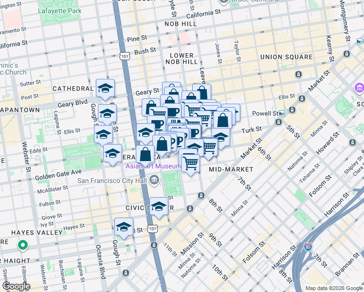 map of restaurants, bars, coffee shops, grocery stores, and more near 510 Larkin Street in San Francisco