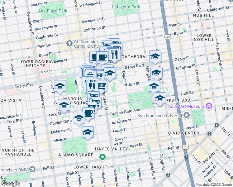 map of restaurants, bars, coffee shops, grocery stores, and more near 1278 Eddy Street in San Francisco