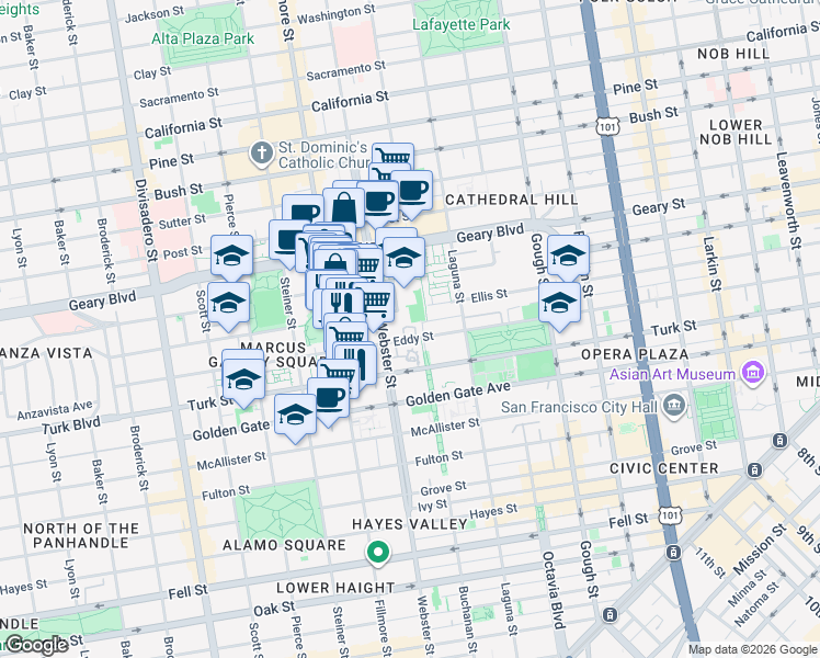 map of restaurants, bars, coffee shops, grocery stores, and more near 1332 Eddy Street in San Francisco