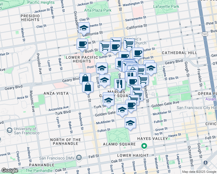 map of restaurants, bars, coffee shops, grocery stores, and more near 1339 Pierce Street in San Francisco