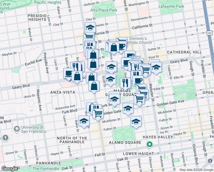 map of restaurants, bars, coffee shops, grocery stores, and more near 1303 Scott Street in San Francisco