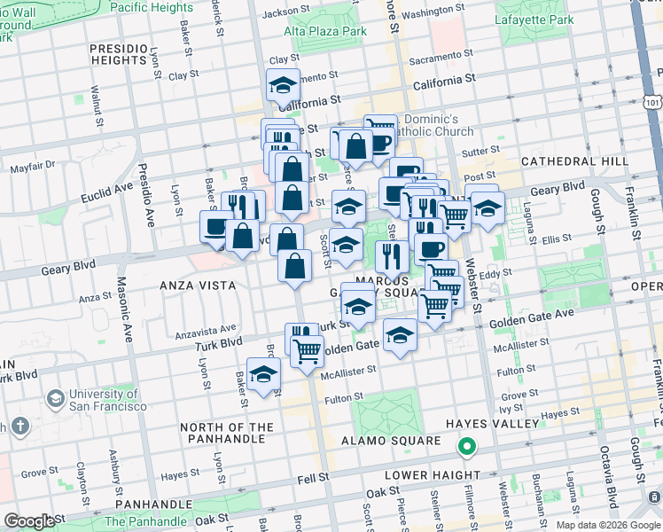 map of restaurants, bars, coffee shops, grocery stores, and more near 1303 Scott Street in San Francisco