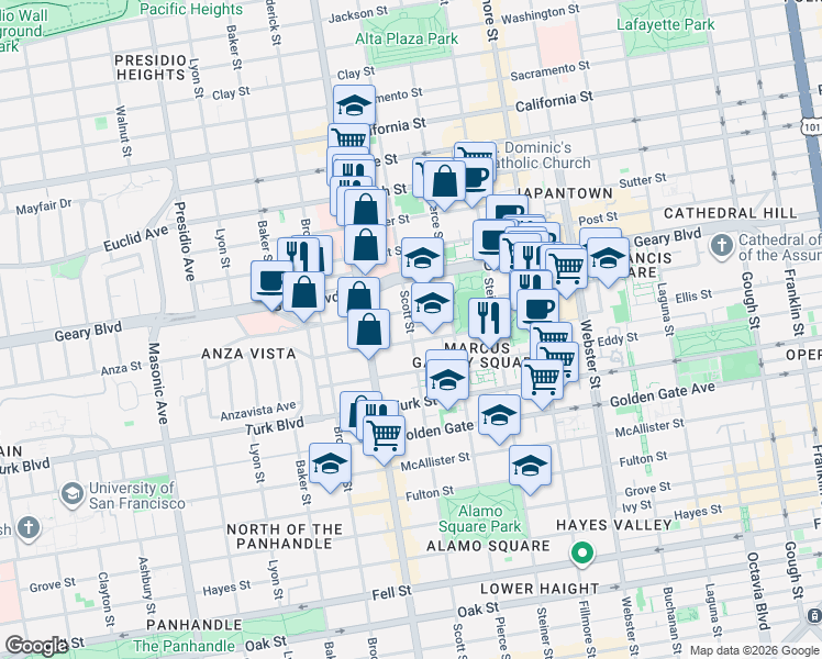 map of restaurants, bars, coffee shops, grocery stores, and more near 1303 Scott Street in San Francisco