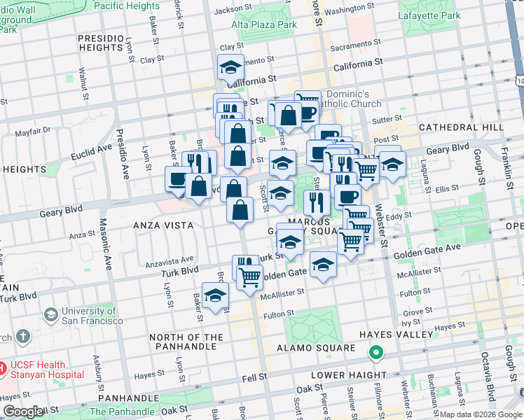 map of restaurants, bars, coffee shops, grocery stores, and more near 1303 Scott Street in San Francisco
