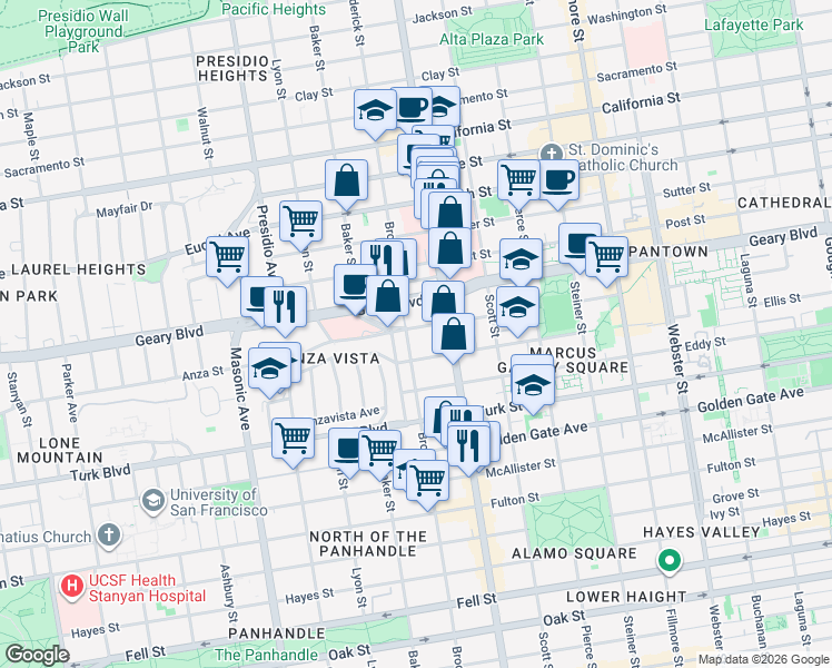 map of restaurants, bars, coffee shops, grocery stores, and more near in San Francisco