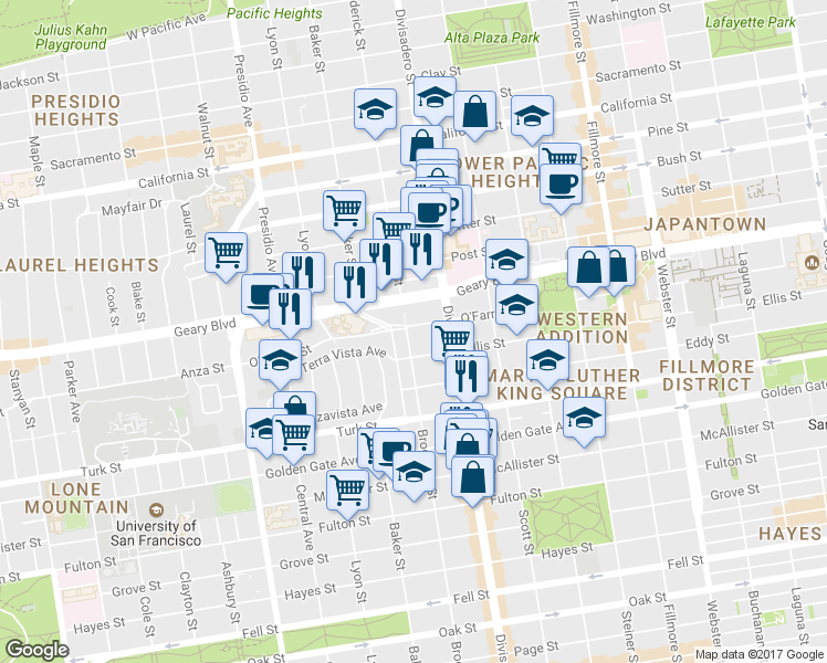 map of restaurants, bars, coffee shops, grocery stores, and more near in San Francisco