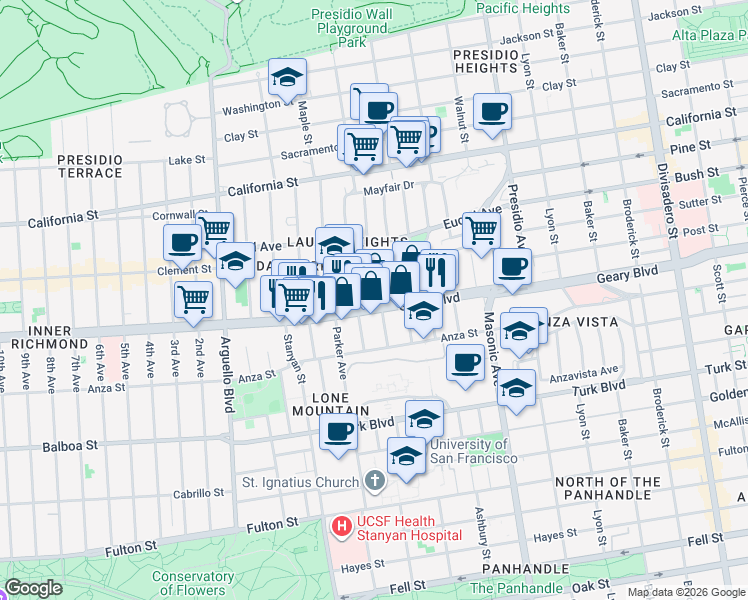 map of restaurants, bars, coffee shops, grocery stores, and more near 3112 Geary Boulevard in San Francisco
