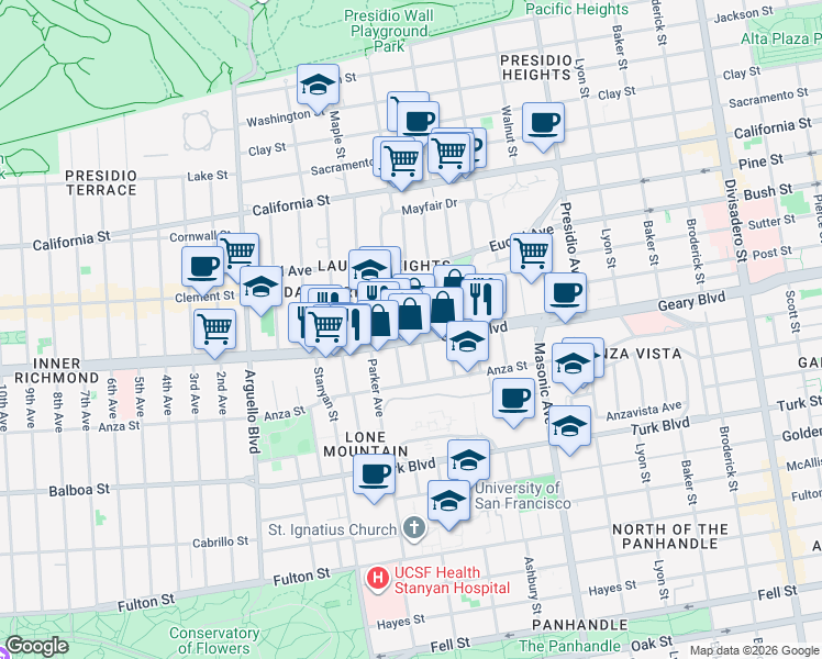map of restaurants, bars, coffee shops, grocery stores, and more near 3112 Geary Boulevard in San Francisco