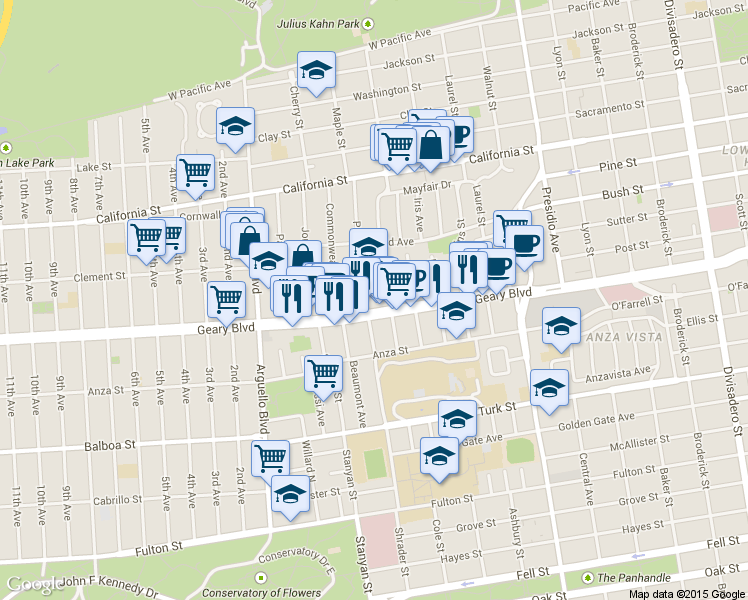map of restaurants, bars, coffee shops, grocery stores, and more near in San Francisco