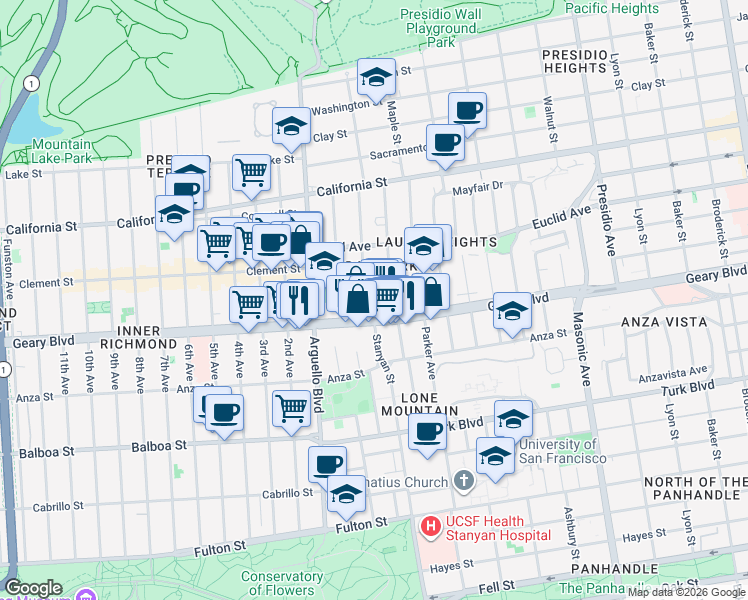 map of restaurants, bars, coffee shops, grocery stores, and more near 179 Jordan Avenue in San Francisco