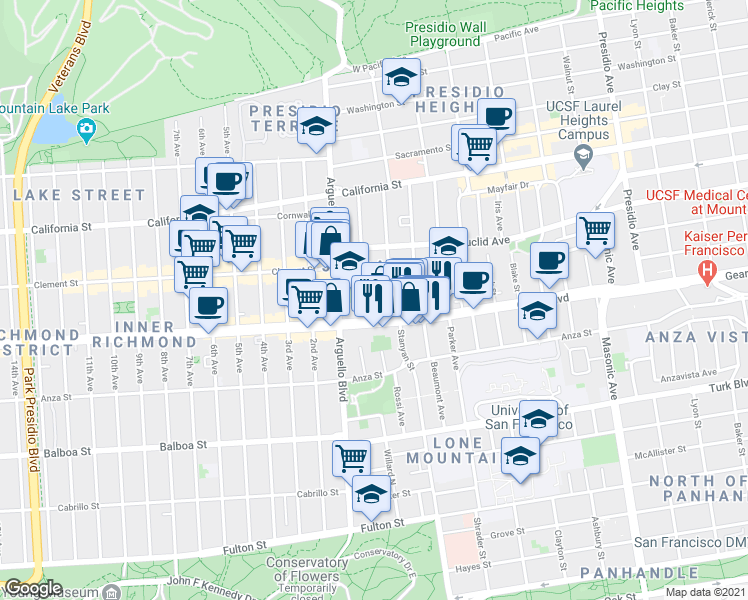 map of restaurants, bars, coffee shops, grocery stores, and more near 179 Jordan Avenue in San Francisco