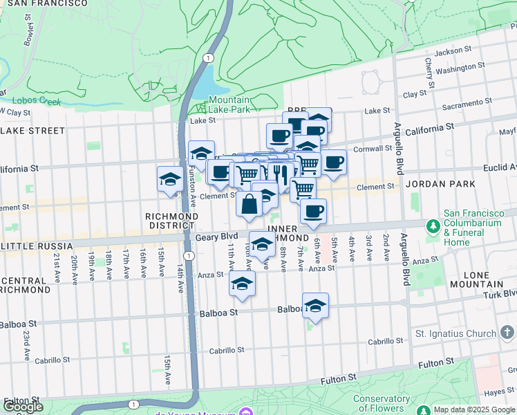 map of restaurants, bars, coffee shops, grocery stores, and more near 325 9th Avenue in San Francisco