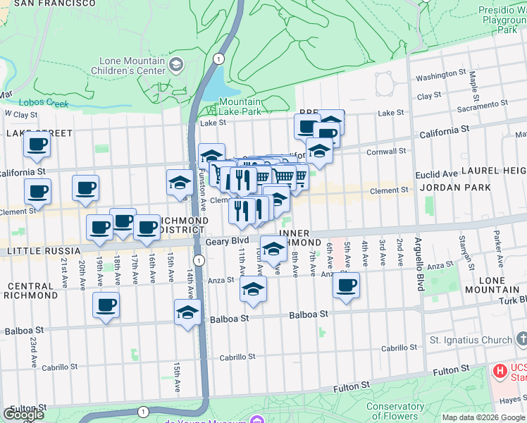 map of restaurants, bars, coffee shops, grocery stores, and more near 337 10th Avenue in San Francisco